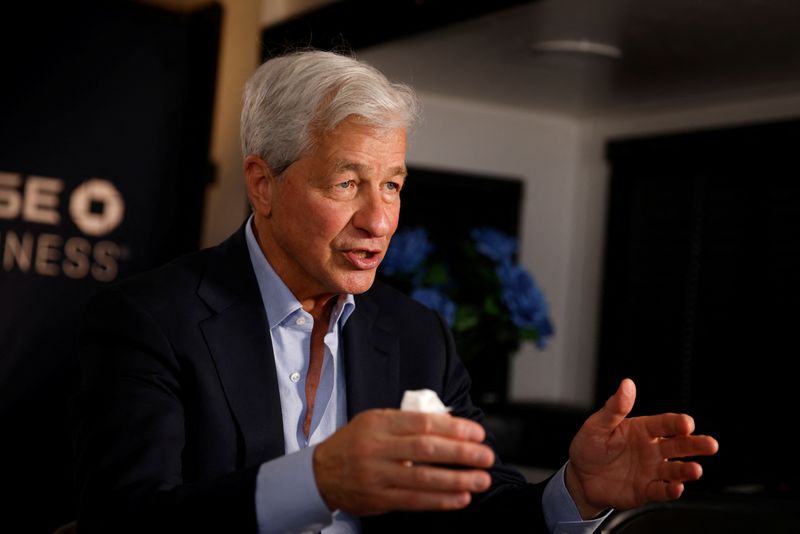 &copy; Reuters. FILE PHOTO: Jamie Dimon, Chairman of the Board and Chief Executive Officer of JPMorgan Chase & Co., gestures as he speaks during an interview with Reuters in Miami, Florida, U.S., February 8, 2023. REUTERS/Marco Bello/File Photo