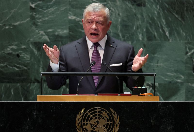 &copy; Reuters. العاهل الأردني الملك عبد الله الثاني يتحدث في مقر الجمعية العامة للأمم المتحدة في الولايات المتحدة يوم 19 سبتمبر أيلول 2023. تصوير: مايك سيجر-ر