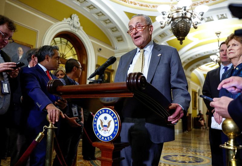 &copy; Reuters. FILE PHOTO: U.S. Senate Majority Leader Chuck Schumer (D-NY) speaks during the Democratic press conference in the Ohio Clock Corridor, following the weekly policy lunch at the U.S. Capitol building in Washington, U.S., September 19, 2023. REUTERS/Evelyn H