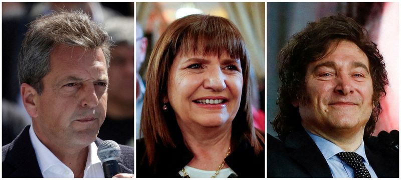 &copy; Reuters. Imagem combinada dos candidatos à Presidência da Argentina Sergio Massa, Patricia Bullrich e Javier Milei, em Buenos Aires
REUTERS/Tomás Cuesta/Agustín Marcarián