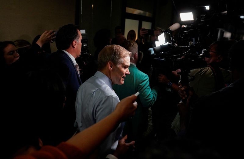 © Reuters. House Judiciary Committee Chairman Rep. Jim Jordan (R-OH), a prime contender in the race to be the next Speaker of the U.S. House of Representatives, arrives for a House Republican Conference meeting as Republicans work to restart their effort to pick a new leader for the U.S. House of Representatives after party infighting led nominee Steve Scalise to withdraw from the race for speaker, on Capitol Hill in Washington, U.S., October 13, 2023. REUTERS/Elizabeth Frantz 