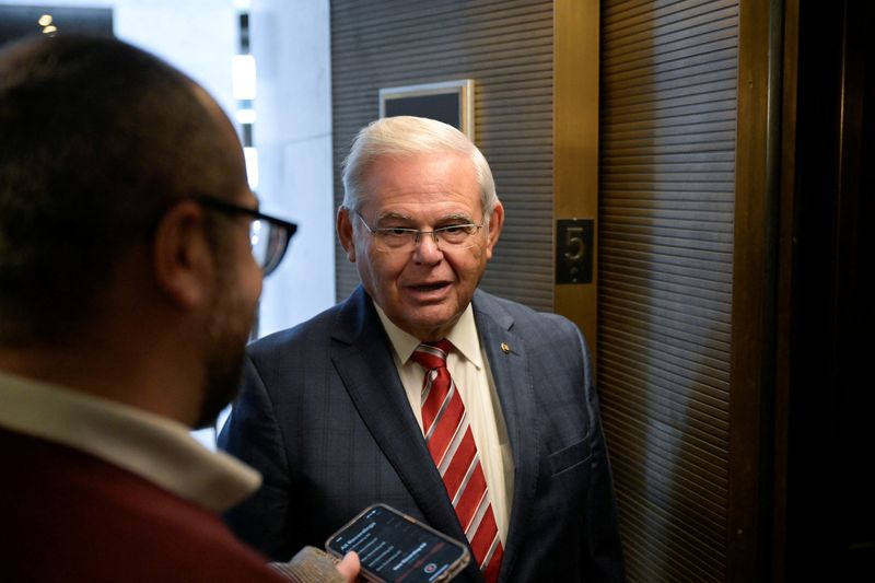 &copy; Reuters. FILE PHOTO: U.S. Senator Bob Menendez (D-NJ) speaks to reporters while on his way to a vote following a Senate Democratic caucus meeting on Capitol Hill in Washington, U.S., September 28, 2023.  REUTERS/Craig Hudson/File Photo