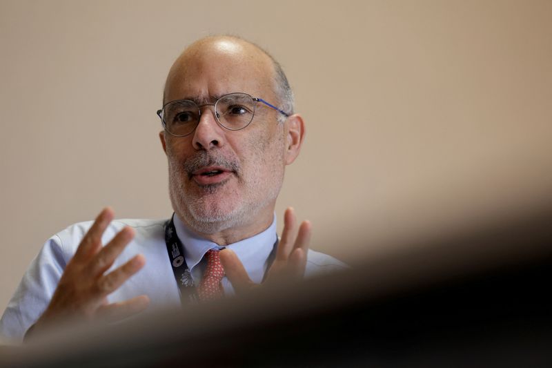 &copy; Reuters. Director of the International Monetary Fund (IMF) Western Hemisphere Department Rodrigo Valdes speaks during an interview with Reuters on the fourth day of the annual meeting of the IMF and the World Bank, following last month's deadly earthquake, in Marr