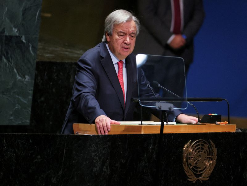 &copy; Reuters. الأمين العام للأمم المتحدة أنطونيو جوتيريش يلقي خطابا أمام الجمعية العامة في نيويورك يوم 19 سبتمبر أيلول 2023. تصوير: برندان مكدرميد - رويترز.