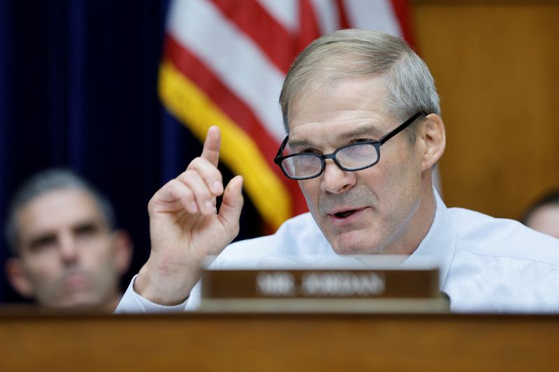 &copy; Reuters. FILE PHOTO: Representative Jim Jordan (R-OH) speaks during a House Oversight and Accountability Committee impeachment inquiry hearing into U.S. President Joe Biden, focused on his son Hunter Biden's foreign business dealings, on Capitol Hill in Washington