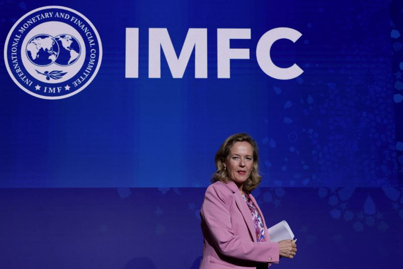 &copy; Reuters. International Monetary and Financial Committee (IMFC) chair Nadia Calvino leaves after a press conference during the annual meeting of the International Monetary Fund and the World Bank, following last month's deadly earthquake, in Marrakech, Morocco, Oct