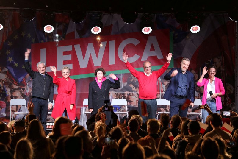 &copy; Reuters. Robert Biedron, Wlodzimierz Czarzasty, Anna Maria Zukowska, Joanna Scheuring-Wielgus, Adrian Zandberg and Magdalena Biejat  of the New Left (Nowa Lewica) alliance gesture during the final day of campaigning for the parliamentary elections in Warsaw, Polan