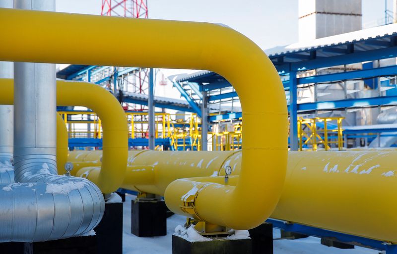 © Reuters. FILE PHOTO: Gas pipelines are pictured at the Atamanskaya compressor station, facility of Gazprom's Power Of Siberia project outside the far eastern town of Svobodny, in Amur region, Russia November 29, 2019. Picture taken November 29, 2019. REUTERS/Maxim Shemetov./File Photo