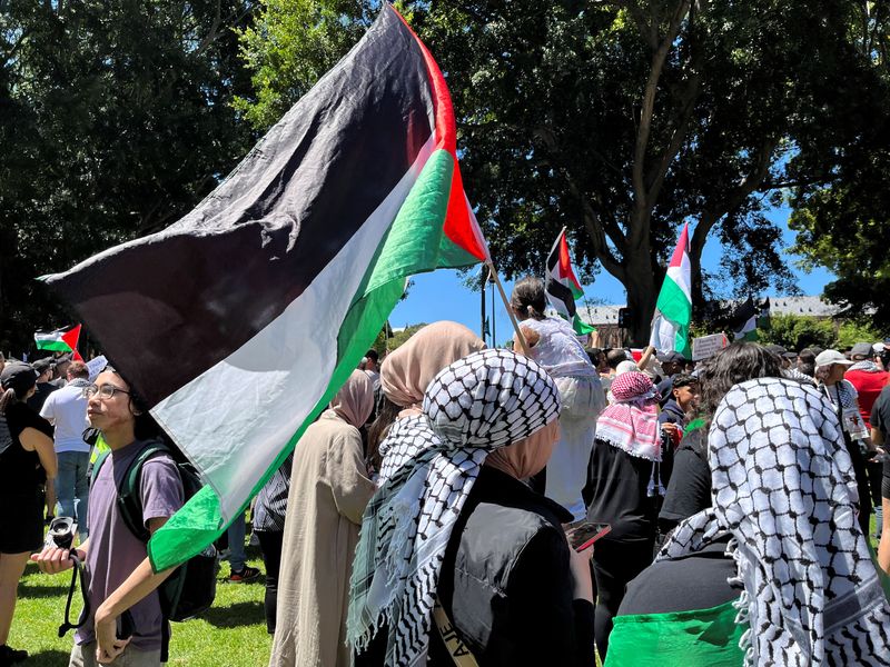 &copy; Reuters. نساء يحملن أعلاما خلال مظاهرة مؤيدة للفلسطينيين في حديقة هايد بارك في سيدني يوم الأحد. تصوير: لويس جاكسون - رويترز.