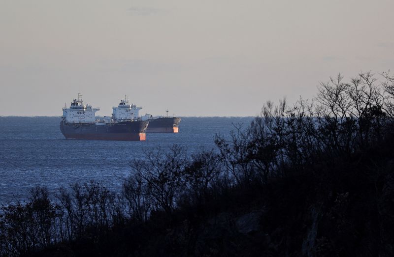 &copy; Reuters. FILE PHOTO: Crude oil tankers, including Troitsky Bridge vessel, lie at anchor in Nakhodka Bay near the port city of Nakhodka, Russia, December 4, 2022. REUTERS/Tatiana Meel/File Photo