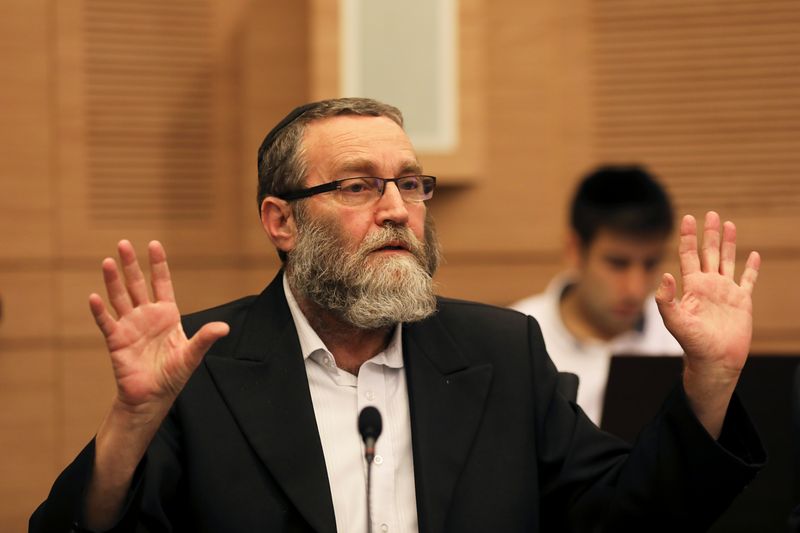 &copy; Reuters. FILE PHOTO: Moshe Gafni, a parliament member from United Torah Judaism party, gestures during a meeting at the Knesset, Israel's parliament, in Jerusalem September 13, 2017. REUTERS/Ammar Awad/File Photo