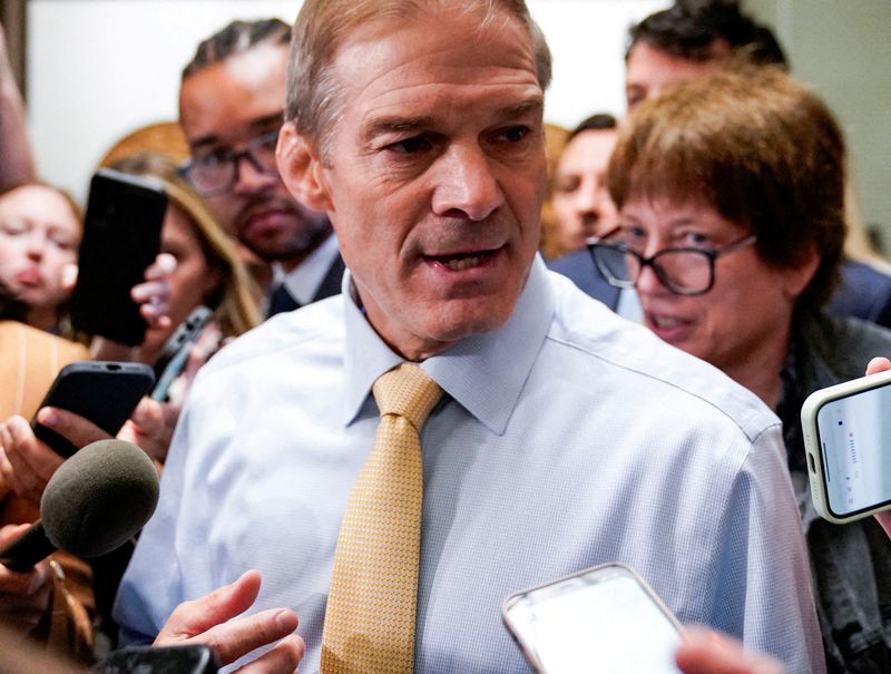 &copy; Reuters. FILE PHOTO: House Judiciary Committee Chairman Rep. Jim Jordan (R-OH), a prime contender in the race to be the next Speaker of the U.S. House of Representatives, speaks to reporters during a break in a House Republican Conference meeting as Republicans wo