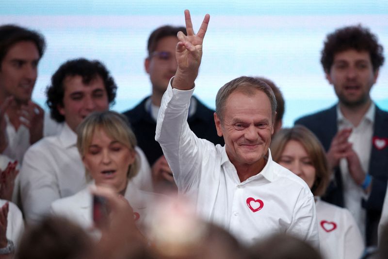 &copy; Reuters. Donald Tusk, chef du plus grand parti d'opposition polonais, s'exprime après l'annonce des résultats des élections législatives. /Photo prise le 15 octobre 2023/REUTERS/Kacper Pempel