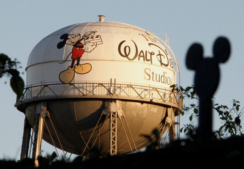 &copy; Reuters. FILE PHOTO: The water tower at The Walt Disney Co., featuring the character Mickey Mouse, is seen behind a silhouette of mouse ears on the fencing surrounding the company's headquarters in Burbank, California, February 7, 2011. REUTERS/Fred Prouser/File P