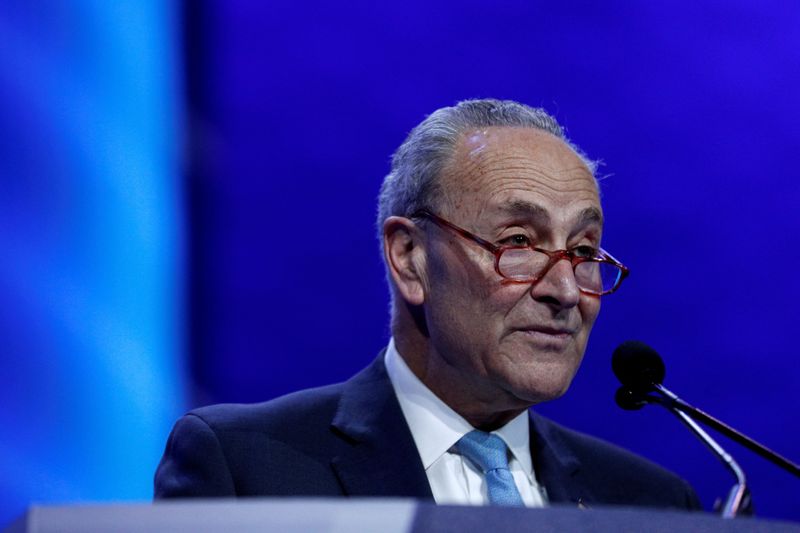 &copy; Reuters. FILE PHOTO: Senate Democratic Leader Chuck Schumer (D-NY) delivers remarks during the AIPAC convention at the Washington Convention Center in Washington, U.S., March 2, 2020.  REUTERS/Tom Brenner/File Photo