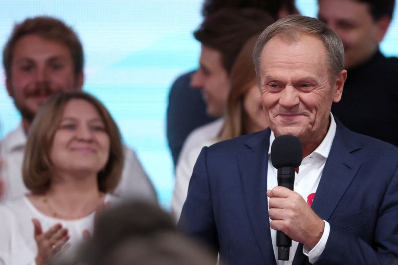 &copy; Reuters. Donald Tusk, líder do principal partido de oposição da Polônia, discursa após resultados da pesquisa boca de urna após eleições no paísREUTERS/Kacper Pempel