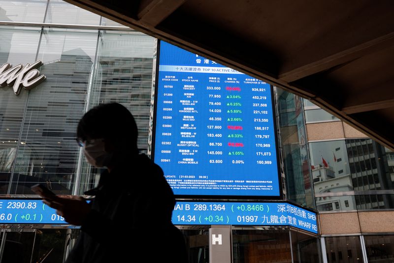 © Reuters. A woman walks past a screen displaying the Hang Seng Index at Central district, in Hong Kong, China March 21, 2023. REUTERS/Tyrone Siu/File photo