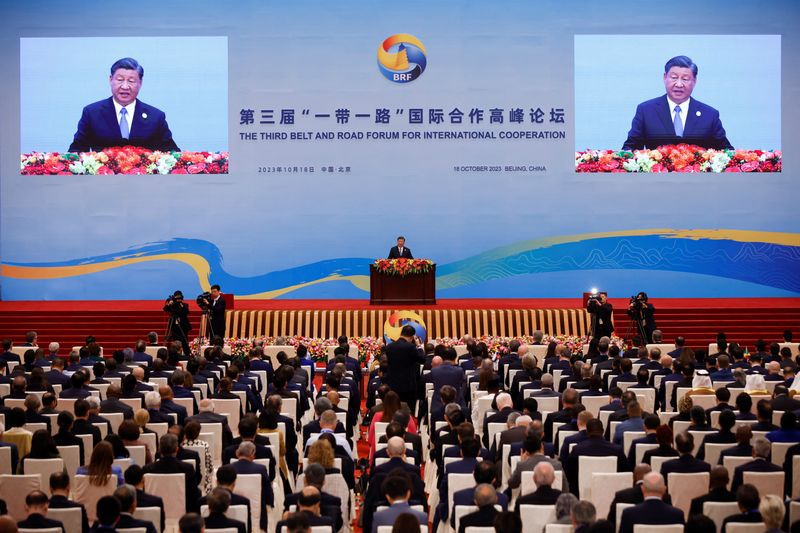 &copy; Reuters. Chinese President Xi Jinping speaks at the opening ceremony of the Belt and Road Forum (BRF) to mark the 10th anniversary of the Belt and Road Initiative at the Great Hall of the People in Beijing, October 18, 2023. REUTERS/Edgar Su