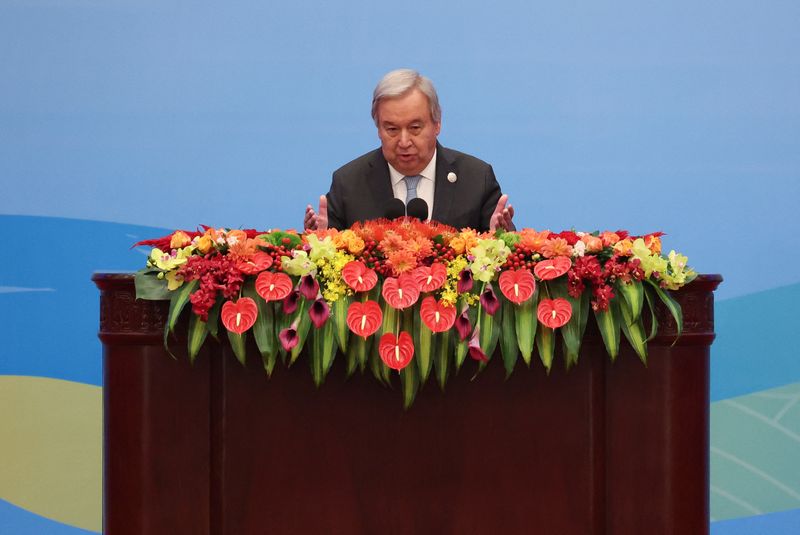 &copy; Reuters. الأمين العام للأمم المتحدة أنطونيو جوتيريش يتحدث خلال حفل افتتاح منتدى الحزام والطريق في بكين يوم 18 أكتوبر تشرين الثاني 2023. تصوير: إدجار سو -