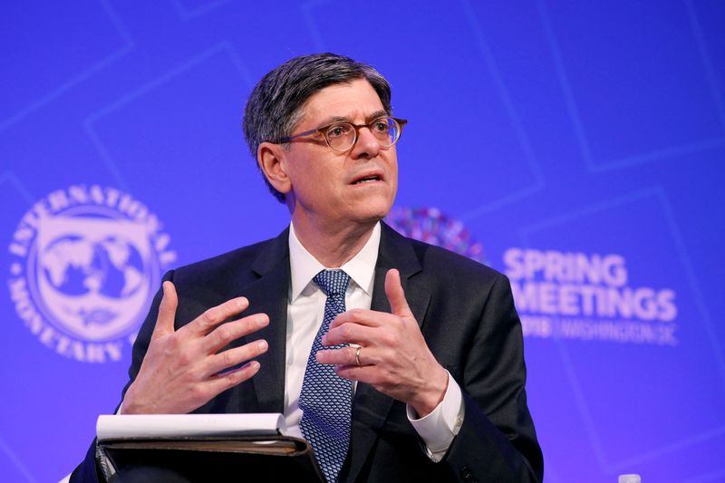 &copy; Reuters. FILE PHOTO: Former U.S. Treasury Secretary Jack Lew speaks during a panel entitled "Reforming the Euro Area: Views from Inside and Outside of Europe" during IMF spring meetings in Washington, U.S., April 19, 2018. REUTERS/Aaron P. Bernstein/File Photo