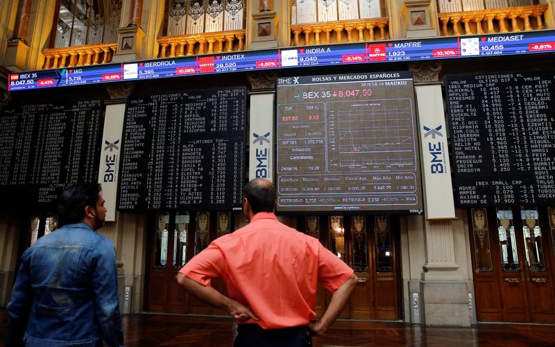 &copy; Reuters. FILE PHOTO: Electronic boards are seen at the Madrid stock exchange which plummeted after Britain voted to leave the European Union in the EU BREXIT referendum, in Madrid, Spain, June 24, 2016.  REUTERS/Andrea Comas/File Photo
