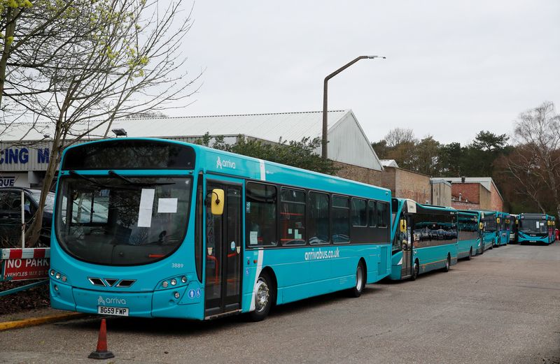 &copy; Reuters. Parked busses are seen at an Arriva bus bepot in Harlow as the spread of the coronavirus disease (COVID-19) continues, Harlow, Britain, April 3, 2020. REUTERS/Andrew Couldridge/ File Photo