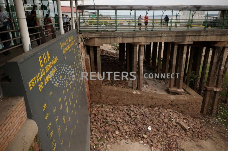 &copy; Reuters. FOTO DE ARCHIVO: Una regla que mide los niveles históricos de agua del río en un importante puerto fluvial en la selva amazónica de Brasil alcanza su punto más bajo en al menos un 121 años el lunes, en el río Negro en Manaos, Brasil. 16 de octubre 2