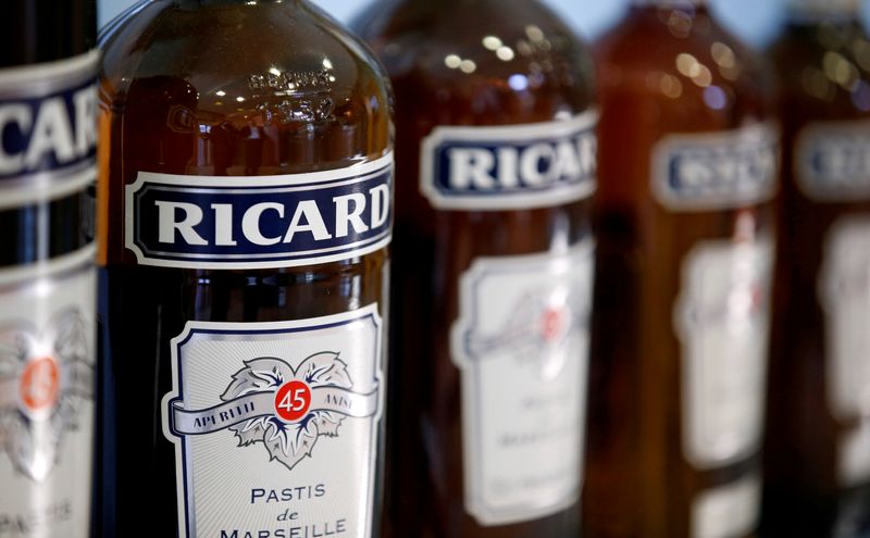 &copy; Reuters. FILE PHOTO: Bottles of Ricard's aniseed-flavoured beverage are pictured at the Ricard manufacturing unit in Lormont, near Bordeaux, France February 15, 2019. REUTERS/Regis Duvignau/File Photo