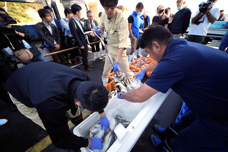&copy; Reuters. Un échantillon de poisson préparé pour une équipe d'experts de l'Agence internationale de l'énergie atomique (AIEA) avec des scientifiques de Chine, de Corée du Sud et du Canada au port d'Hisanohama, à Iwaki. /Photo prise le 19 octobre 2023/REUTERS