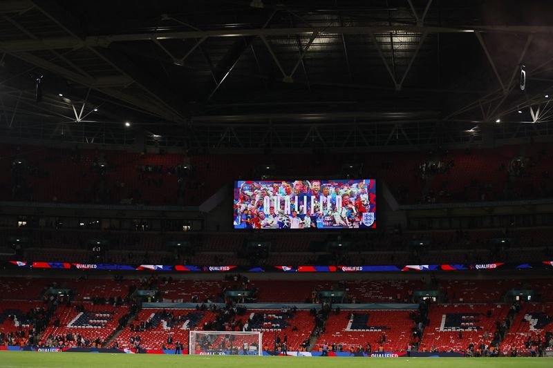 &copy; Reuters. Soccer Football - Euro 2024 Qualifier - Group C - England v Italy - Wembley Stadium, London, Britain - October 17, 2023 General view of the big screen after the match as England qualify for Euro 2024 Action Images via Reuters/Andrew Couldridge