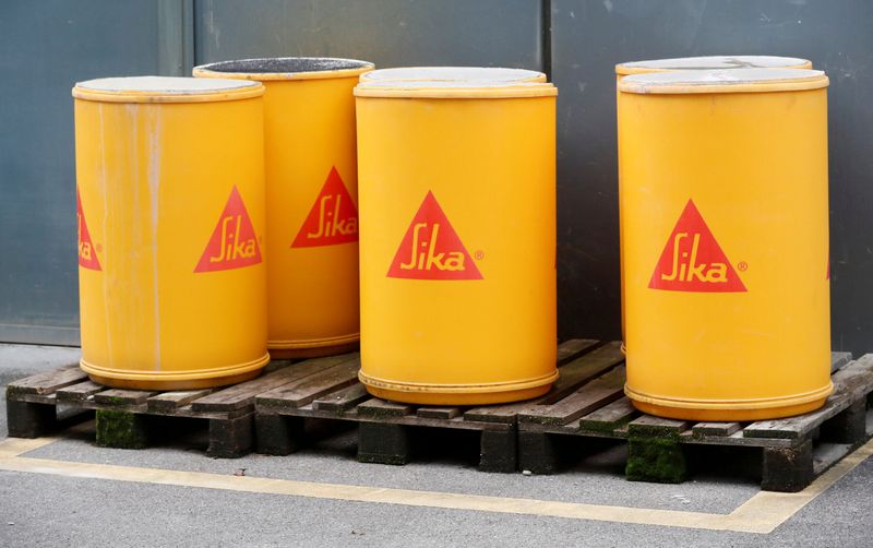 &copy; Reuters. FILE PHOTO: The logo of Swiss chemical group Sika is seen on barrels at the company's headquarters in Zurich, Switzerland October 7, 2021.  REUTERS/Arnd Wiegmann/File Photo