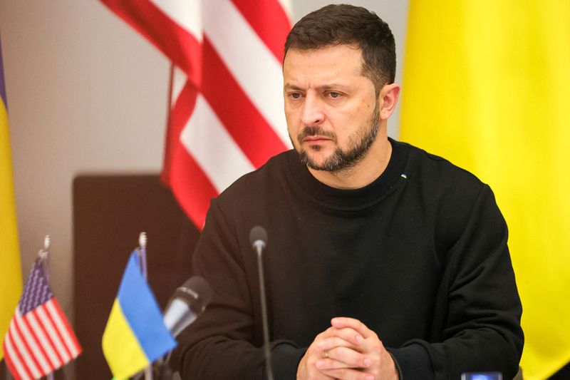 &copy; Reuters. FILE PHOTO: Ukraine's President Volodymyr Zelenskiy addresses a meeting of the Ukraine Defense Contact Group ahead of a two-day NATO Defense Ministers Council at the alliance headquarters in Brussels, Belgium, October 11, 2023.  Olivier Matthys/Pool via R