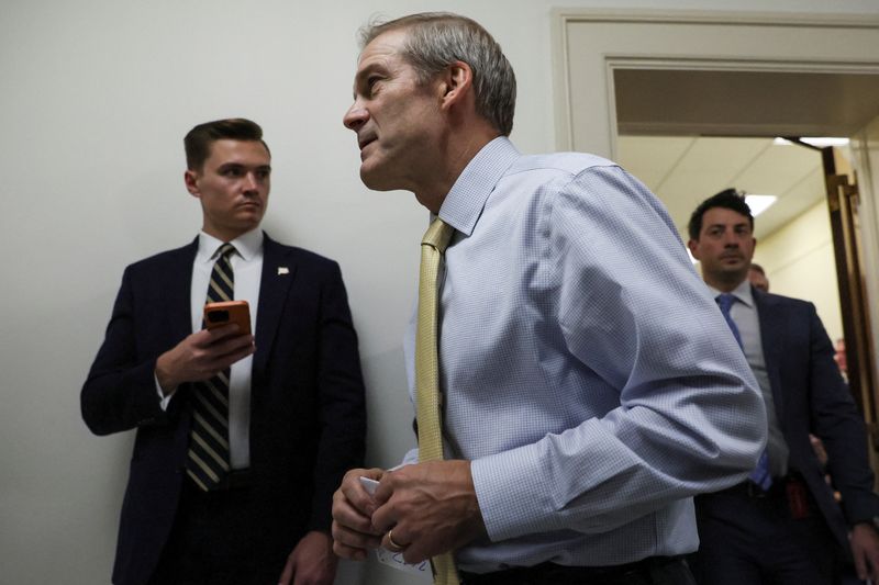 &copy; Reuters.  Rep. Jim Jordan (R-OH) departs a House Republican Conference meeting about choosing a new Speaker of the House after it was reported that Jordan vowed to continue his floundering bid for the speakership at the U.S. Capitol in Washington, U.S., October 19