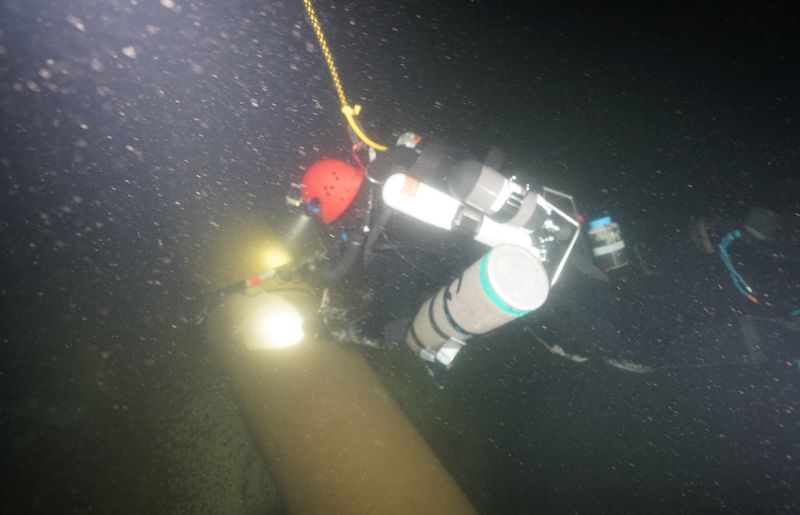 © Reuters. Finnish Navy Deep Divers support to civilian authorities in the investigation of the gas pipe damage in the Gulf of Finland, in this undated handout. Finnish Navy/Handout via REUTERS