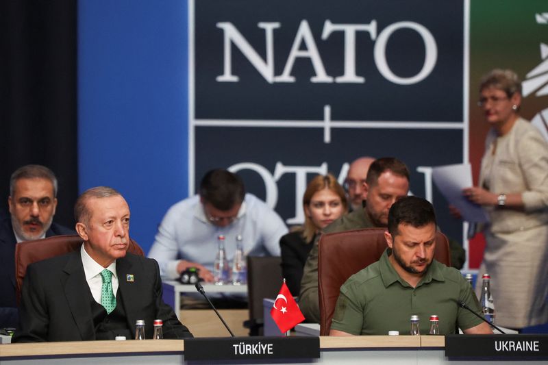&copy; Reuters. Turkish President Tayyip Erdogan and Ukraine's President Volodymyr Zelenskiy attend a NATO leaders summit in Vilnius, Lithuania, July 12, 2023. REUTERS/Kacper Pempel