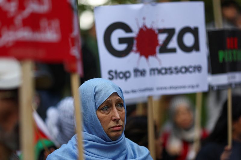 &copy; Reuters. A demonstrator takes part in a protest in solidarity with Palestinians in Gaza, amid the ongoing conflict between Israel and the Palestinian Islamist group Hamas, in London, Britain, October 21, 2023. REUTERS/Hannah McKay