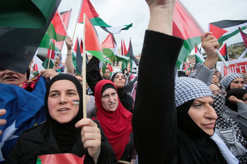 &copy; Reuters. أشخاص من البوسنة يلوحون بالأعلام الفلسطينية خلال مسيرة لدعم الشعب الفلسطيني في قطاع غزة والضفة الغربية في سراييفو يوم الأحد. تصوير: أمل إمر
