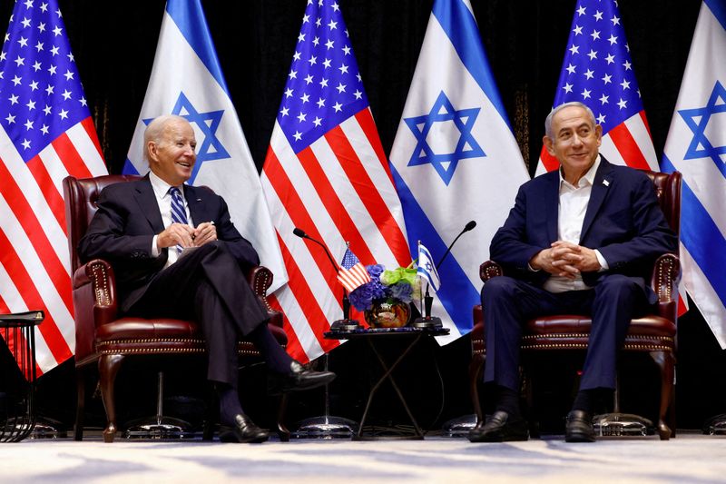 &copy; Reuters. FILE PHOTO: U.S. President Joe Biden has demonstrated unwavering support for Israel's security over a half century in public life. In this photo,  Biden meets with Israeli Prime Minister Benjamin Netanyahu and the Israeli war cabinet, as he visits Israel 