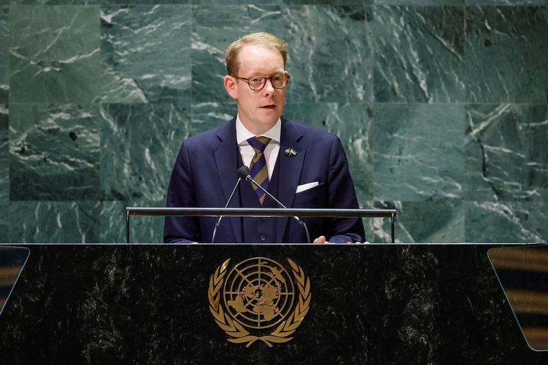 &copy; Reuters. وزير خارجية السويد توبياس بيلستورم يتحدث في مقر الجمعية العامة للأمم المتحدة في نيويورك بالولايات المتحدة يوم 22 سبتمبر أيلوب 2023. تصوير: إدو