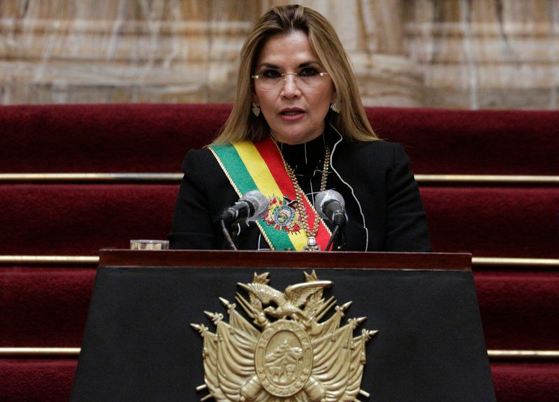 &copy; Reuters. Bolivia's interim President Jeanine Anez speaks during a ceremony marking the 195th anniversary of the Bolivia foundation at the presidential palace, amid the coronavirus disease (COVID-19) outbreak, in La Paz, Bolivia, August 6, 2020. REUTERS/David Merca