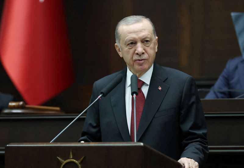 &copy; Reuters. FILE PHOTO: Turkey's President Tayyip Erdogan addresses lawmakers from his ruling AK Party at the Turkish Parliament in Ankara, Turkey October 11, 2023. Presidential Press Office/Handout via REUTERS ATTENTION EDITORS - THIS PICTURE WAS PROVIDED BY A THIRD