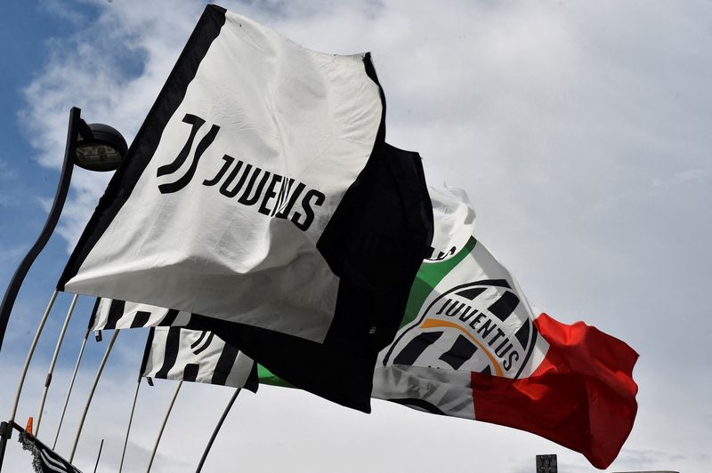 &copy; Reuters. FILE PHOTO: Soccer Football - Europa League - Semi Final - First Leg - Juventus v Sevilla - Allianz Stadium, Turin, Italy - May 11, 2023 General view of Juventus flags seen outside the stadium before the match REUTERS/Massimo Pinca/File Photo