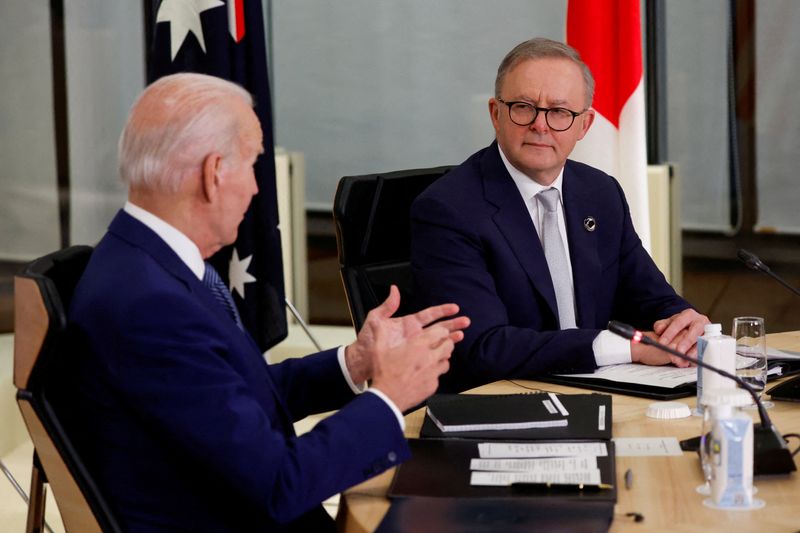 &copy; Reuters. FILE PHOTO: U.S. President Joe Biden and Australia's Prime Minister Anthony Albanese attend a Quad meeting on the sidelines of the G7 summit, at the Grand Prince Hotel in Hiroshima, Japan, May 20, 2023. REUTERS/Jonathan Ernst/Pool/File Photo