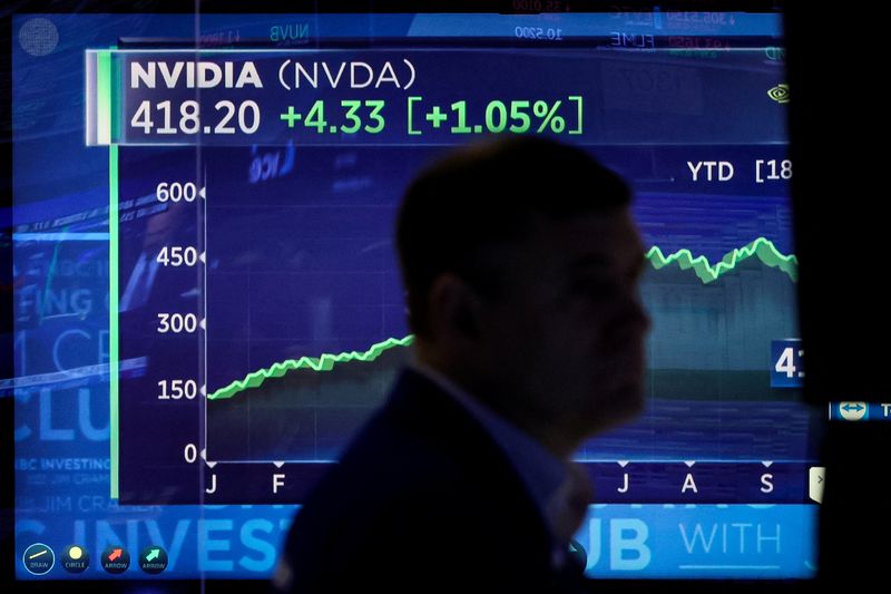 &copy; Reuters. FILE PHOTO: A screen tracks NVIDIA Corp. as a trader works on the floor at the New York Stock Exchange (NYSE) in New York City, U.S., October 23, 2023.  REUTERS/Brendan McDermid/File Photo