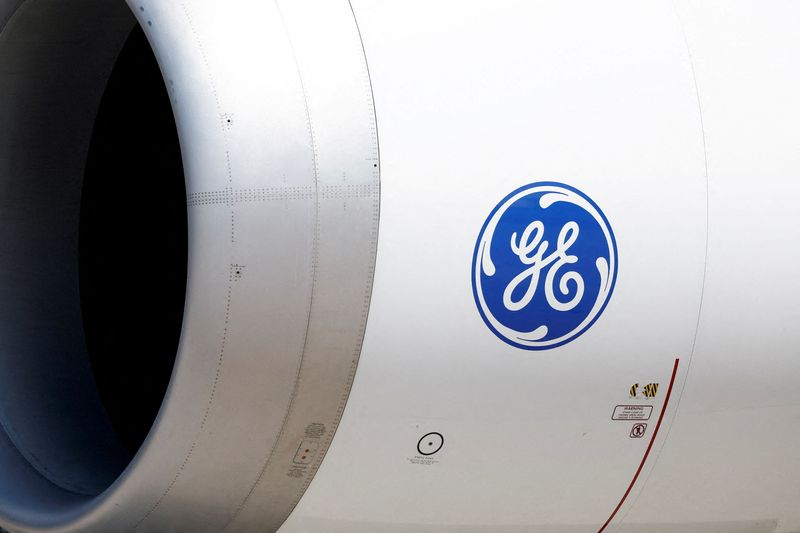 &copy; Reuters. FILE PHOTO: A General Electric (GE) logo is seen on the engine of a Boeing 777-9 aircraft on display during the 54th International Paris Airshow at Le Bourget Airport near Paris, France, June 18, 2023. REUTERS/Benoit Tessier/File Photo