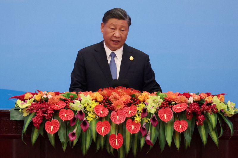 &copy; Reuters. FILE PHOTO: Chinese President Xi Jinping speaks at the opening ceremony of the Belt and Road Forum (BRF) to mark the 10th anniversary of the Belt and Road Initiative at the Great Hall of the People in Beijing, October 18, 2023. REUTERS/Edgar Su/File Photo