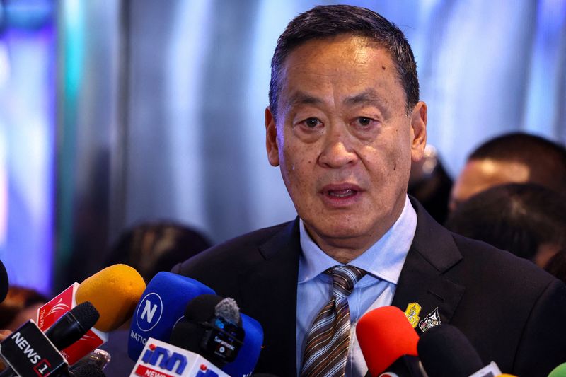 &copy; Reuters. FILE PHOTO: Thailand's Prime Minister Srettha Thavisin speaks to members of media inside the luxury Siam Paragon shopping mall after Thai police arrested a teenage gunman who is suspected of killing foreigners and wounding other people in a shooting, in B