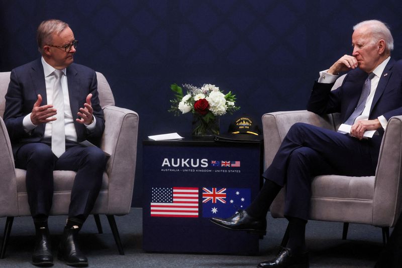 &copy; Reuters. FILE PHOTO: U.S. President Joe Biden participates in a bilateral meeting with Australian Prime Minister Anthony Albanese at Navy Gateway Inns and Suites, in San Diego, California U.S., March 13, 2023. REUTERS/Leah Millis/File Photo