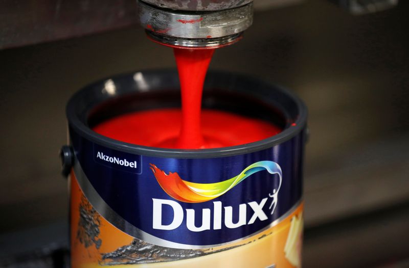 &copy; Reuters. FILE PHOTO: Dulux paint cans are filled on the production line inside AkzoNobel's new paint factory in Ashington, Britain  September 12, 2017. REUTERS/Phil Noble/File photo