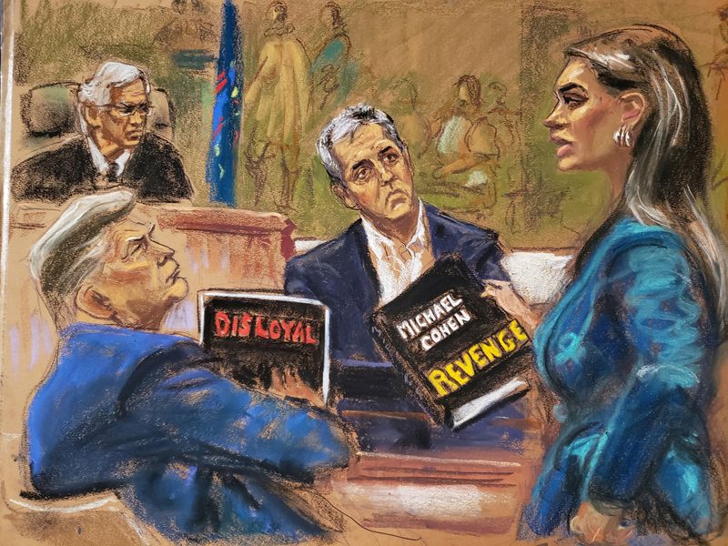 © Reuters. Former U.S. President Donald Trump watches as his lawyer Alina Habba cross examines Michael Cohen before Judge Arthur F. Engoron during the Trump Organization civil fraud trial in New York State Supreme Court in the Manhattan borough of New York City, U.S., October 25, 2023 in this courtroom sketch. REUTERS/Jane Rosenberg